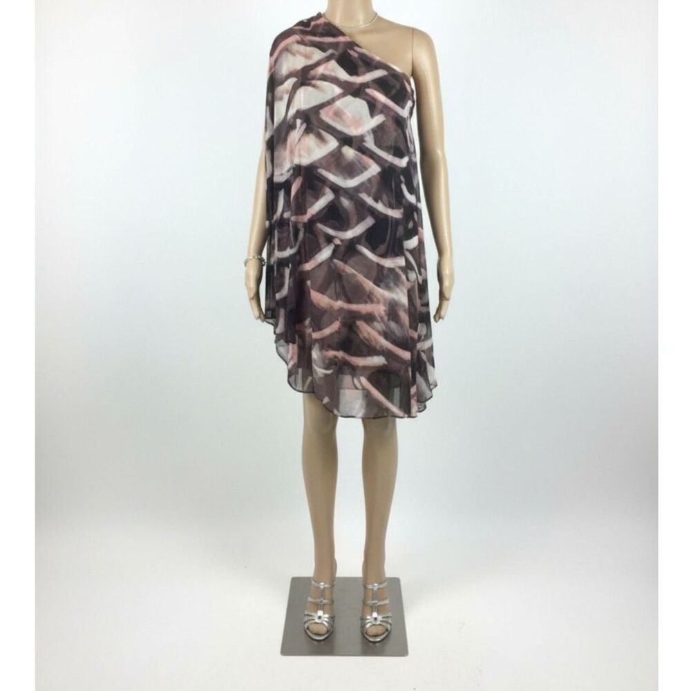 Tracy Reese 100% Silk Gray Black & Pink Print 1 Sleeve Cape Dress M